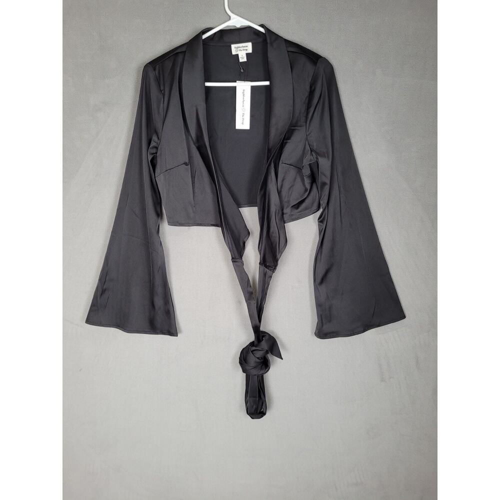 The Drop Women's Black Satin Bell Sleeve Wrap Top Small
